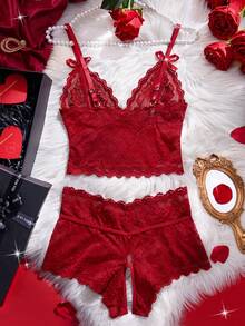 情人节惊喜礼物蕾丝性感内衣套装（2件套） - 可调节薄纱蕾丝文胸，饰有蝴蝶结，搭配透气开裆内裤，浪漫贴身，适合派对季穿着 - 酒紅色 - 查看 2