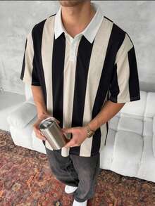 WAIT HIM Kemeja Polo Lengan Pendek Bergaris Blok Warna Kasual Pria, Musim Panas - Hitam dan Putih - View 4