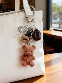 1pc Coffee & Teddy Bear Keychain Bag Pendant, Cute & Quirky Accessory For Bags & Keys! Featuring A Knitted-Style Teddy Bear, A Miniature Coffee Cup, A Coffee Bean, And A Shiny Heart Charm, Mini Resin Bag Charm, Women's Fashion Accessory, Family Keychain, Bag Decoration, Headphone Pendant, Mobile Phone Case Pendant, Car Keychain, Bag Charm, For Purse/Backpack/Notebook Decoration & Key Fob Accessory, Holiday Gift, Birthday Gift - Multicolor - View 4