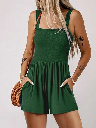 Acelitt Women's Solid Color Square Neck Front Cable Patchwork Casual Romper, Summer