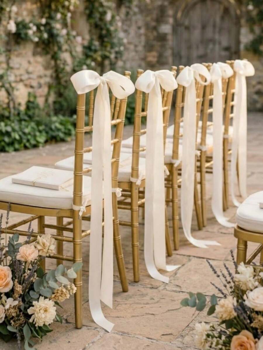 1 pieza Cinta de lazo pre-atada para silla, cinta decorativa para silla de boda, decoración de pasillo, decoración elegante para silla de pasillo y recepción de boda, fácil de instalar para decoración de ceremonia de boda - multicolor - Ver 1