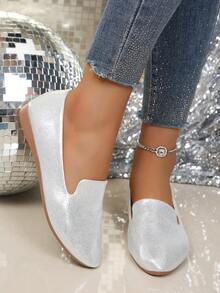 Gold & Silver Matte Pointed Toe Slip-On Shoes, New Spring Soft Casual Comfortable Flat Shoes, Large Size Suitable For Work, Casual Wear, Bow Decor, All Season - Silver - View 4