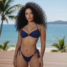 Maré&Cia Lara Bikini Set: Inverted Triangle Top With Thong Bottom With Metal Ring Details - Beachwear - Marina - Ver 6