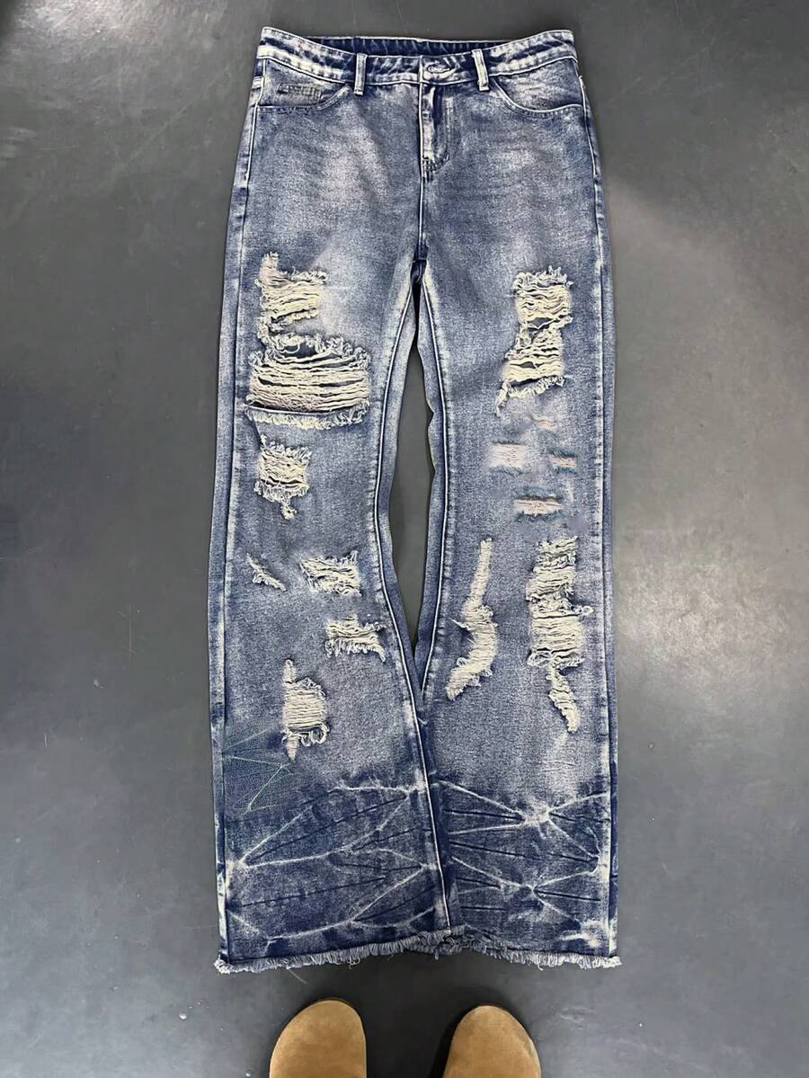 Men's Distressed Vintage Indigo Washed Flare Leg Jeans, Extra Long Baggy Loose Fit Flared Pants With Ripped Holes & Tie-Dye Details. Overall Dimensions Are Oversized, Recommend Ordering One Size Down Based On Your Measurements. - Medium Wash - View 1