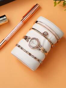 Anne Klein Bộ đồng hồ đeo tay cao cấp đính pha lê dành cho nữ, đồng hồ thạch anh, trang sức quà tặng cho bạn gái, vợ. - Hoa hồng vàng - Xem 3