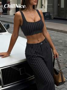 Women's Elegant Gray Striped 2 Pieces Set - Square Neck Camisole And High Waist Wide Leg Pants, Elastic Structure Suitable For Spring, Office And Nightlife Wear - Grey - View 4