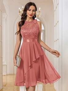 MIUSOL Gaun Pesta Halter Berhiaskan Payet, Renda, dan Patchwork Bunga, Cocok untuk Ulang Tahun, Tamu Pernikahan, Gala Malam, dan Acara Lainnya, Elegan di Musim Panas. - Dusty Pink - View 9
