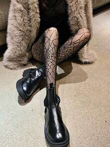 A Black Hollow Out Fashionable Sexy Spider Web Punk Gothic Harajuku Dark Lolita Halloween Easter Pantyhose Suitable For Parties, Dates, Outings, Vacations, And Any Other Place - Black - View 3