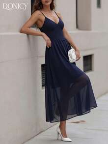 DONICY 藏蓝色夏季度假连衣裙，女士时尚露背吊带镂空中长连衣裙，飘逸裙摆，后背褶皱设计，优雅晚礼服 - 藏蓝色 - 查看 9