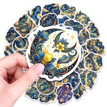 50张蓝金月亮花卉贴纸，美观防水乙烯基贴纸，适用于水瓶、笔记本电脑、手机壳、滑板、日记本、计划本、剪贴簿、DIY工艺品、成人、青少年、家居、办公室、宿舍装饰，星空艺术贴纸 - 彩色 - 查看 1