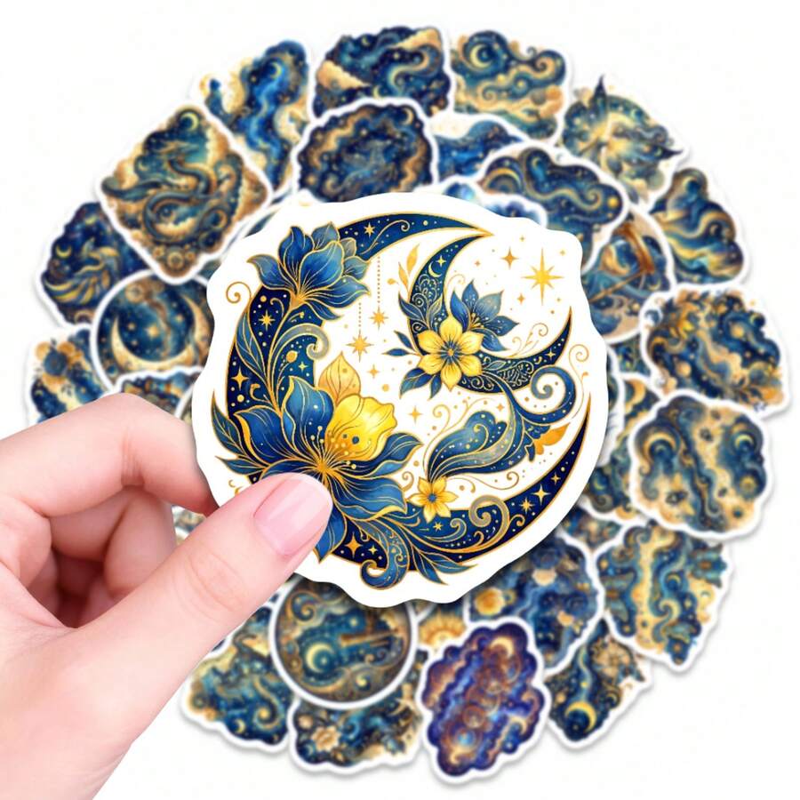 50张蓝金月亮花卉贴纸,美观防水乙烯基贴纸,适用于水瓶、笔记本电脑、手机壳、滑板、日记本、计划本、剪贴簿、DIY工艺品、成人、青少年、家居、办公室、宿舍装饰,星空艺术贴纸 - 彩色 - 查看 1