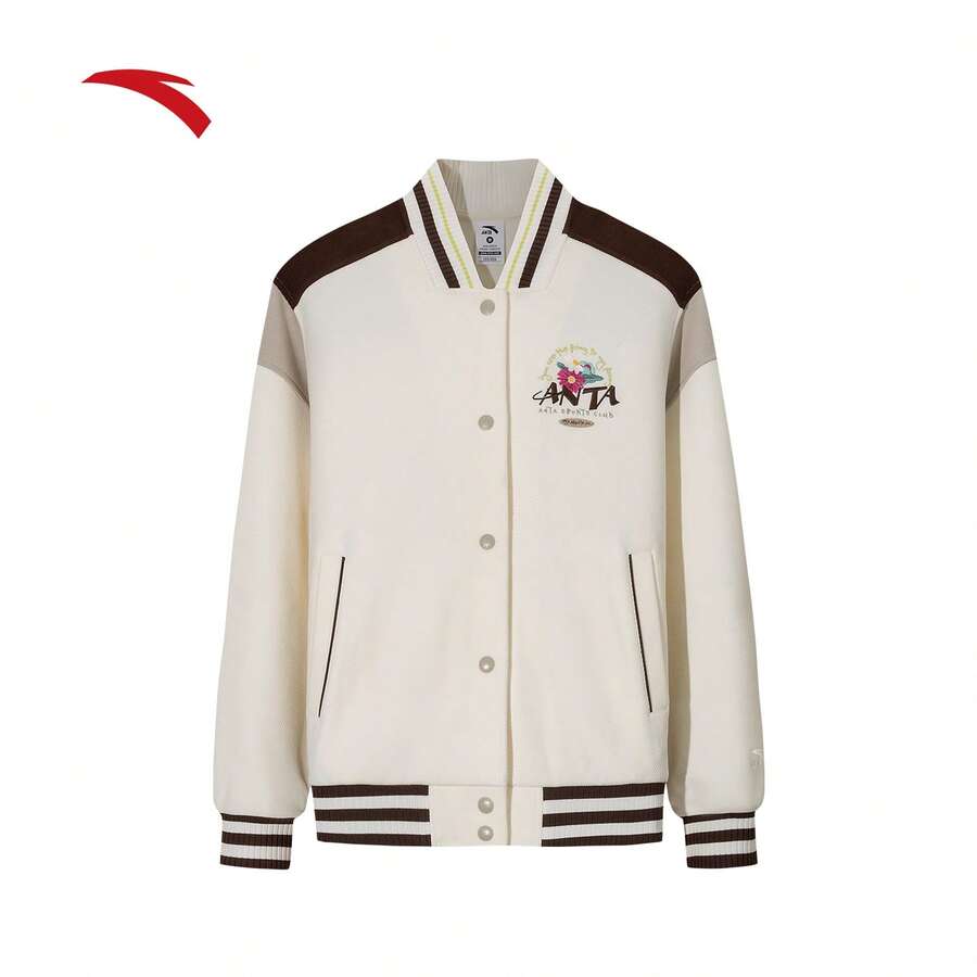 Áo khoác bóng chày phong cách retro Anta, áo khoác ngoài dáng rộng thoải mái mới cho nữ mùa xuân, 162618714S - Trắng ngọc bích ấm/Màu cà phê sữa - 1 - Xem 1