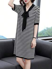 Vestido corto de mujer Nuevo vestido de verano de manga corta con escote en V, de moda para mujer, suelto y que estiliza, de longitud media en estilo A - Blanco y Negro - Ver 2