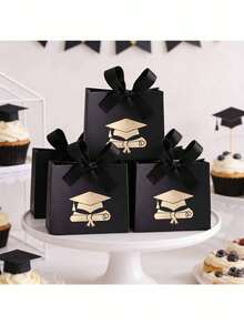 Graduation Gift Bag - Black Ribbon And Gold Graduation Cap/Diploma Gift Box; Black Graduation Party Favors And Decorations (With Gold Diploma Pattern). Available In Red, White, Black And Green (Sold Individually Or As A 4-Piece Set With Candy Box). Ideal For Graduation Party Decor And Seasonal Decoration. - Multicolor - View 2