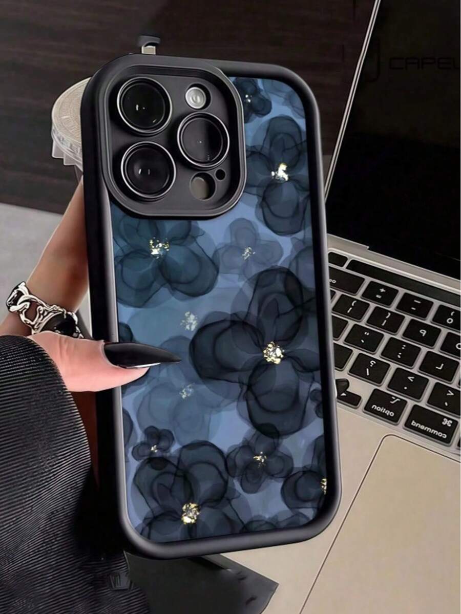 1个酒红色渐变红色花朵图案全包覆式TPU防震手机壳，兼容苹果17、16、15、14、13、12、11 Pro Max系列，防水防摔防刮。 - 黑色 - 查看 1