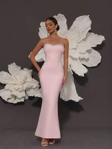 Handmade Rhinestone Embellished Bandage Strapless Mermaid Knit Dress, Luxury Sexy Fashion Fitted Dress For Family Gatherings, Parties, Banquets, Formal Occasions Party Wedding Spring - Baby Pink - View 5