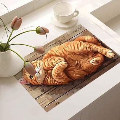 1件复古风可爱黄色猫咪印花咖啡吧垫，炉灶垫，沥水垫，硅胶咖啡机沥水垫，橡胶沥水垫，超强吸水耐磨餐具沥水垫，适用于台面、餐厅、厨房、露台餐桌装饰，家用厨房用品