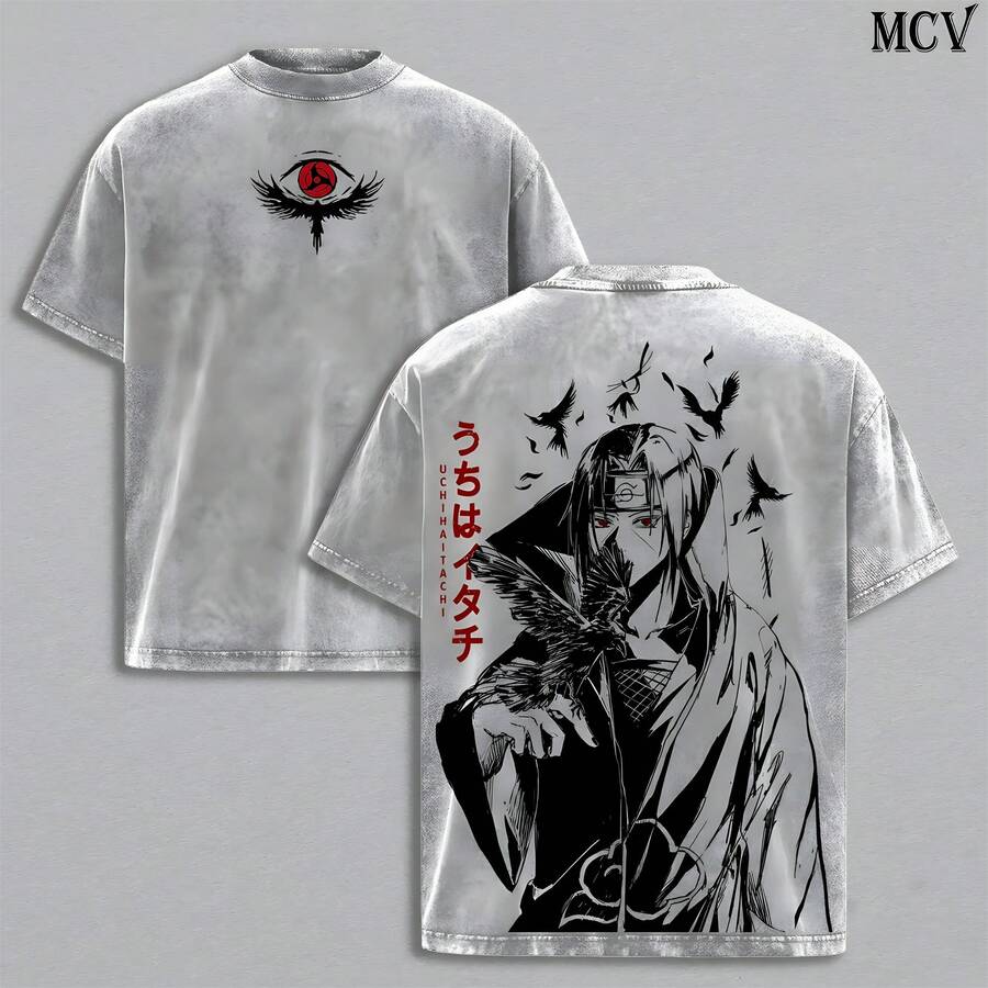 Itachi Uchiha Red Cloud Tee Washed - NarutoAnime Vintage Washed Heavy Cotton Summer Manga T-Shirt & Hoodie, DoublePrinted Retro Unisex Streetwear GraphicTop, Dark Organization Edition - Xám - Xem 1