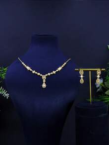 3pcs 18K Gold-Plated Luxury Royal Style Geometric Tassel Design Bridal Wedding Jewelry Set, Handset White Cubic Zirconia, Suitable For Daily Wear And Wedding, Wedding Anniversary Gift - Gold - View 8