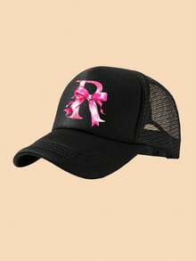 1pc White Truck Driver Mesh Cap, A-Z Bow Letter Print Baseball Cap, Adjustable Size Suitable For 3-8Y Boys & Girls, Suitable For Kids Back To School - Black - View 16