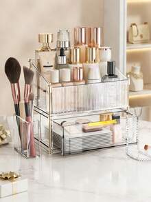 PET材质化妆品收纳盒，带抽屉和口红架，母亲节最佳礼物，米色，可拆卸，大容量桌面化妆品收纳盒 - 長方形 - 查看 5