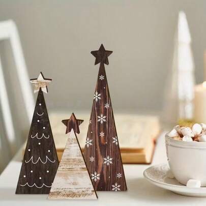 Bộ 3 món đồ trang trí cây thông Noel bằng gỗ để bàn, hình bông tuyết và ngôi sao, đồ trang trí Giáng sinh cổ điển cho bàn và kệ nhà.