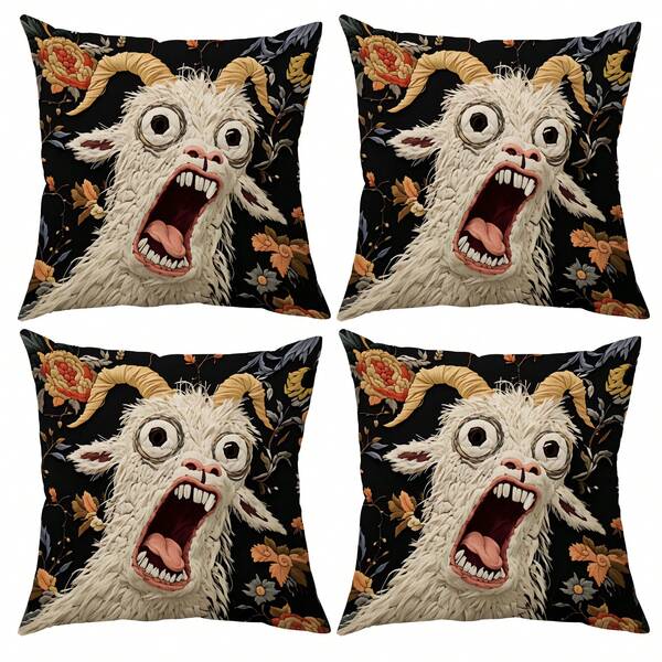 1pc/4pcs Funny Screaming Goat Print Throw Pillow Cover, Single-Sided Print, 40*40cm, 45*45cm, 50*50cm, Suitable For Sofa, Living Room Decor, Everyday Use