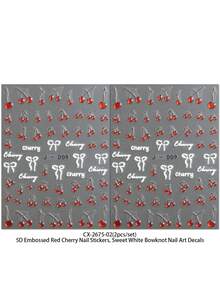 2片装5D立体红色樱桃蝴蝶结美甲贴纸 - 3D纹理美甲贴花 - 适合春夏、野餐、音乐节、婚礼、约会等场合 - DIY美甲装饰 - 彩色 - View 6