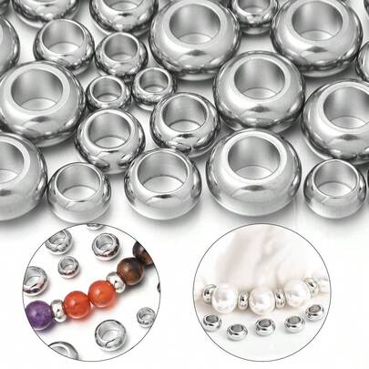 Pacote com 20 unidades de contas de aço inoxidável com furo grande, contas espaçadoras de metal de vários tamanhos para confecção de joias DIY, pulseiras, colares e pingentes.