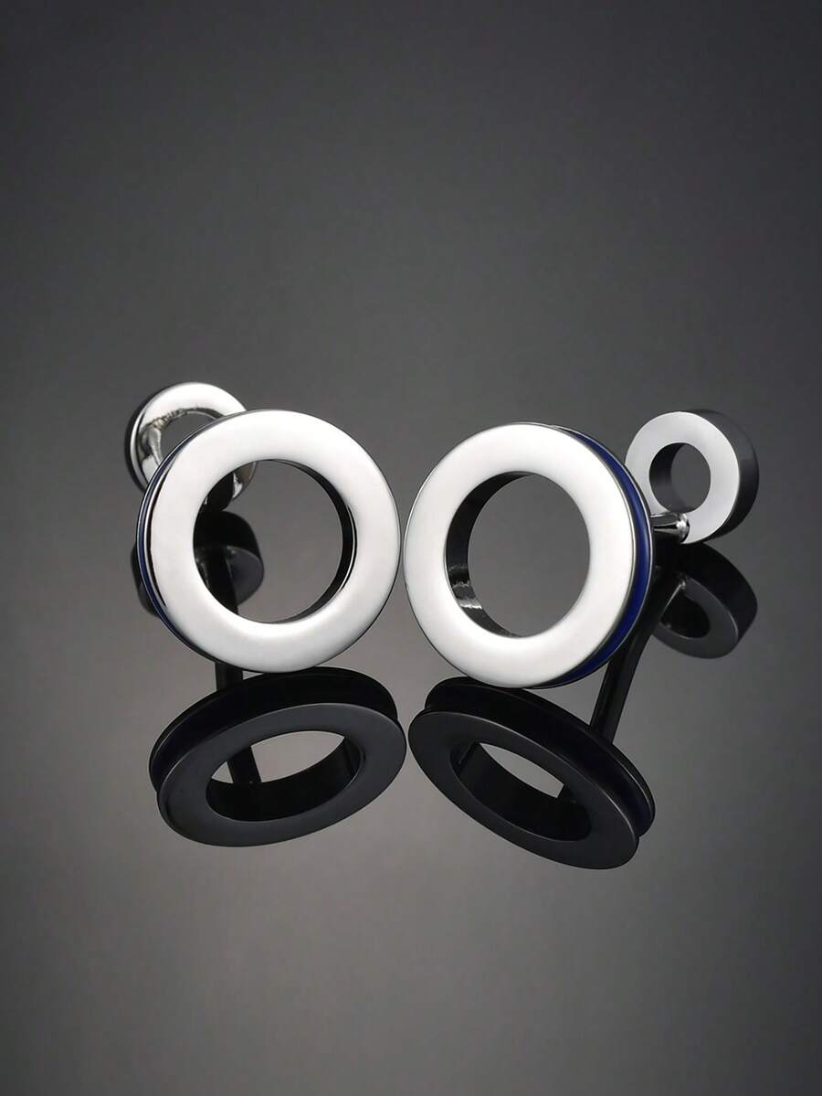 男士时尚银色镂空圆形袖扣一对 - 銀色 - 查看 1