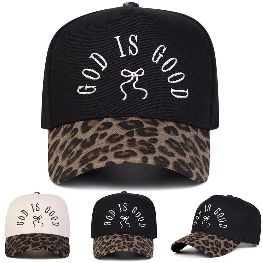 1Piece Men GOD IS GOOD Letter Bow Embroidered Leopard Two Tone Baseball Cap Outdoor Adjustable Sunscreen Leisure Hat Spring Autumn Travel Tourism Beach Vacation - 彩色 - 查看 1
