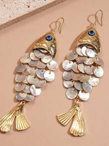 1 par de pendientes con borlas con forma de pez hechos de conchas, accesorios elegantes y personalizados con un toque de vacaciones en la playa - Blanco - Ver 6