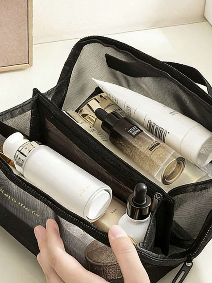 网状拉链化妆包，旅行洗漱包 - 黑色 - 查看 1