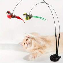 单件/双件互动逗猫棒，猫玩具套装，采用长双杆/单杆设计，底部带有强力吸盘，适合猫咪运动和自娱自乐（红/绿），宠物人造羽毛，鸟形玩具 - 查看 5