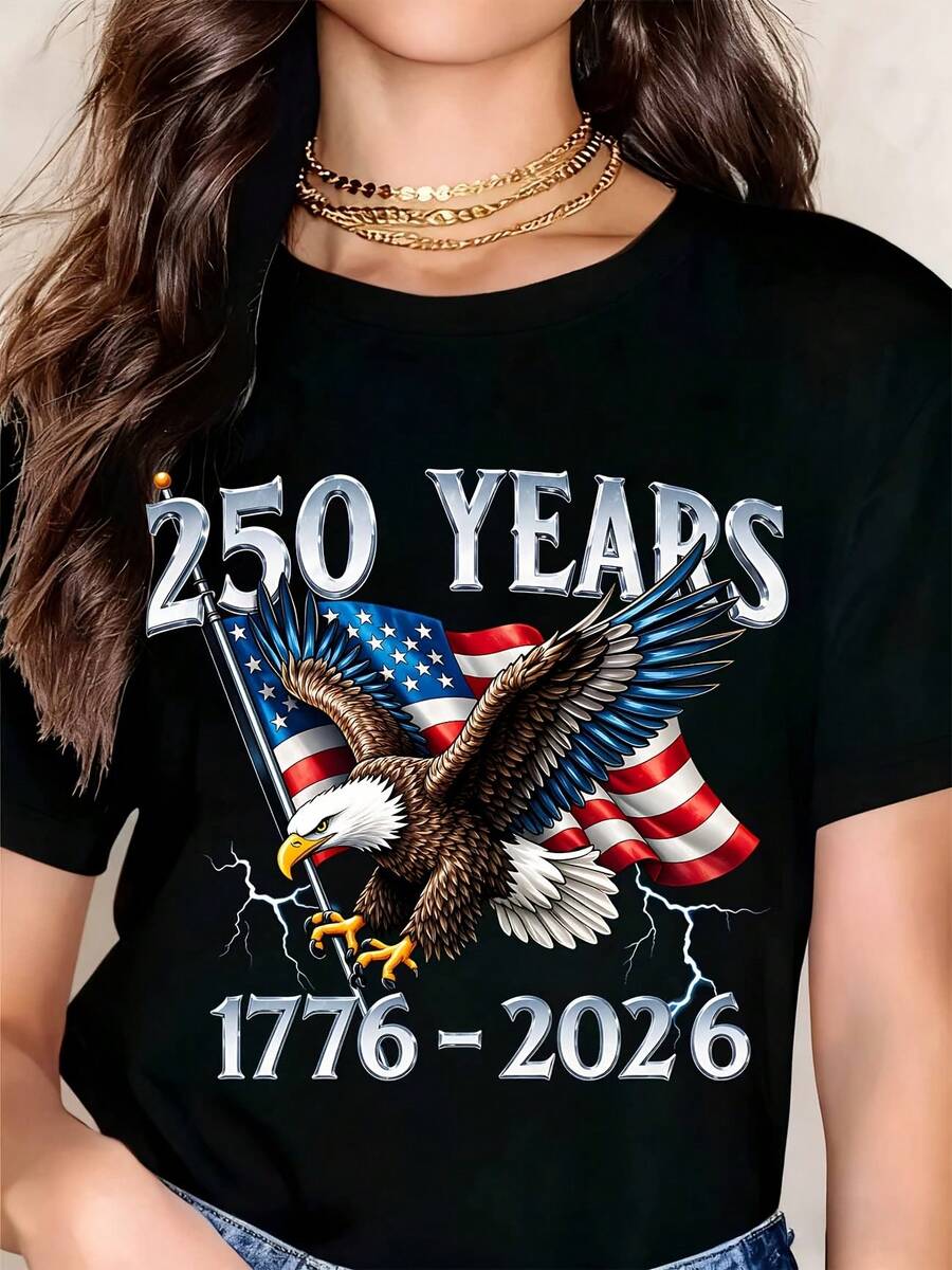 America Eagle Flag 250 Years 1776 2026 Commemorative T Shirt Black Patriotic Design For Independence Day Celebration - 黑色 - 查看 1