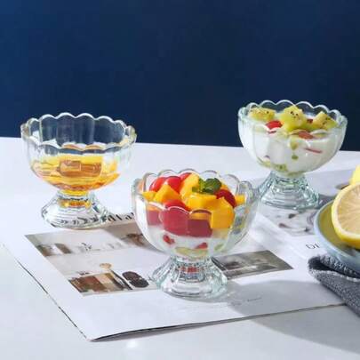 Creative Dessert Bowl, Home Ice Cream Cup, Fruit Salad Cup, Yogurt Cup, High-Quality Cold Drink Cup, Suitable For Afternoon Tea, Breakfast, Dessert Shop, Thick Glass, And Durable With Foot Design, Large Capacity Fruit Bowl, Can Be Used To Hold Ice Cream, Yogurt, Pudding, Shaved Ice, Salad, Transparent Texture, Suitable For Home, Cafe, Restaurant