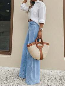 Women's Casual Wide Leg Jeans, Elegant & Fashionable Long Style With Pockets, Medium Stretch Washed Fabric Spring - 摩卡棕 - 查看 8