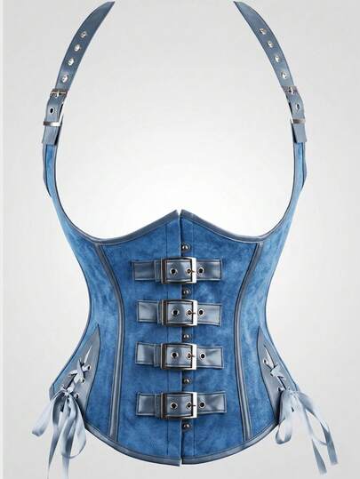 1pc Women's Halter Neck PU Leather Waist Cincher Punk Style Leather Corset Top, Waist Slimming Waist Belt