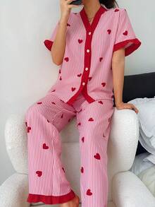 Dreamivo 情人节荷叶边优雅女士睡衣套装 - 条纹爱心图案V领短袖上衣和长裤，轻薄睡衣 - 紅色 - 查看 4