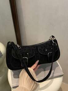 1pc Y2K Gothic Style PU Leather Rivet Decor Shoulder Bag, Retro Fashion, Suitable For Daily Commute, Crescent-Shaped Tready Ladies Handbag - Black - View 2