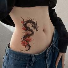 1pc Colorful Fresh Realistic Dragon & Red Floral Temporary Tattoo Sticker, Waterproof Long-Lasting Durable Fake Tattoo, Fashionable Body Art For Men & Women, Applicable To Arm, Shoulder, Abdomen, Waist, Leg - Halloween - View 4