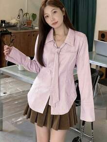 女士休闲条纹纽扣长袖衬衫，配系带，粉色，春季款 - 粉色 - 查看 7