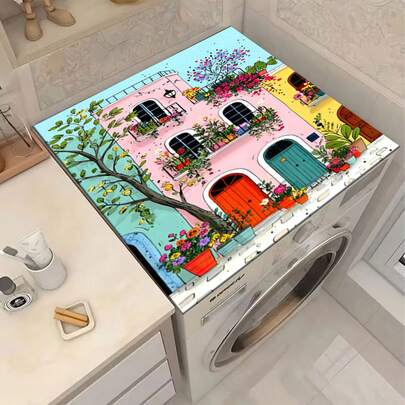 1件装花卉花园图案洗衣机和烘干机顶盖垫，硅藻土材质，洗衣机防尘罩，厨房配件，防滑，适用于洗衣房、浴室、家居装饰和房间装饰
