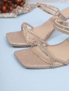 Giày sandal cao gót mũi vuông đính đá cho nữ - Giày cao gót quai ngang đính pha lê lấp lánh với gót loe, giày dự tiệc cưới thanh lịch. - Hoa hồng vàng - Xem 7