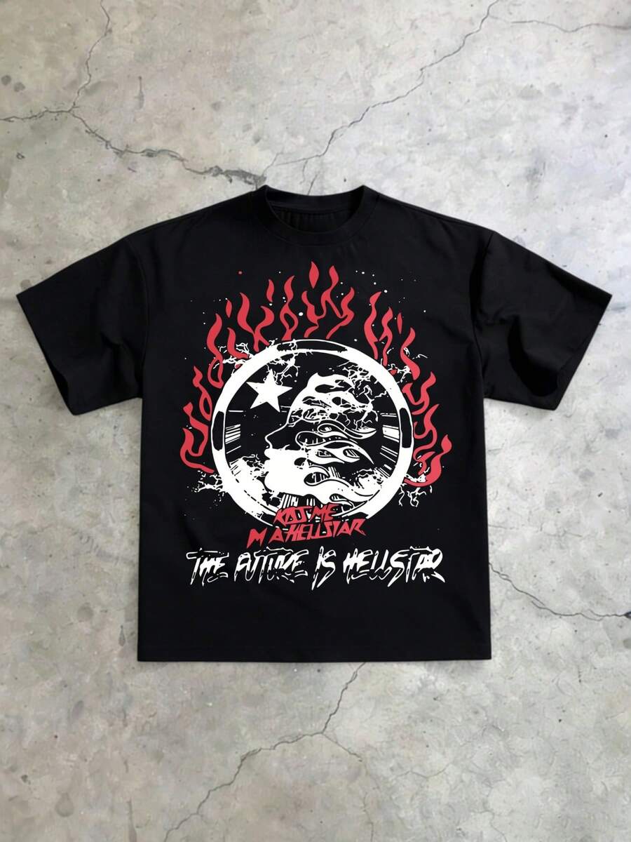 Hellstars The Future Is Hellstars Back Print Y2K Graphic T-Shirt,220g 100% Cotton,Round Neck Short Sleeve,Black Streetwear Essential For Summer Going Out,Unisex Style - 黑色 - 查看 1
