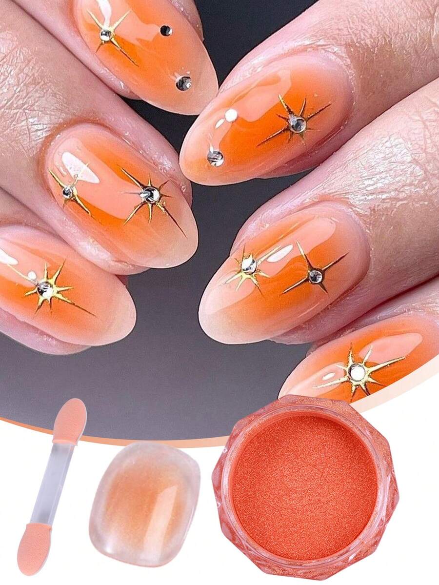 1pc Orange Tie Dye Rainbow Gradient Nail Art Powder, Summer Nail Decoration Shimmering Gradient Powder - Orange - View 1