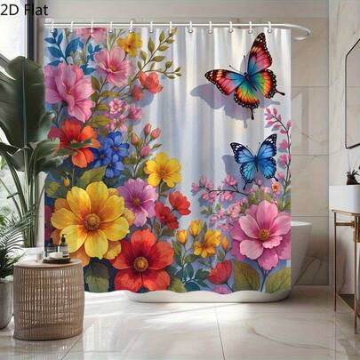 2D Flat Shower Curtain, 1 Piece Of Lively Garden Butterfly Shower Curtain - Blooming Red, Yellow, And Pink Flowers With Colorful Butterflies, Vivid Spring Design, 70.8x70.8 Inches, Comes With Hooks For Easy Hanging, Perfect Housewarming Gift, Bathroom Shower Curtain, Easy-Hang Design, Romantic Decoration, Durable Fabric, Stylish Bathroom Accessory