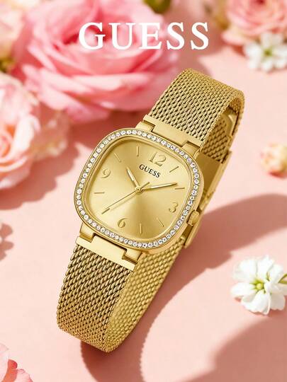  32毫米水晶石英女士腕表 - 水晶镶嵌表圈，钻石表盘，网状表带，优雅气质，适合特殊场合和日常佩戴，尽显奢华 GW0354L2；GUESS 女士金色腕表 - 复古休闲时尚石英腕表，纤薄不锈钢表壳，适合日常佩戴、办公、通勤、休闲、派对等各种场合，百搭实用