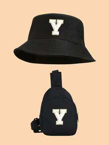 Bộ 2 món mũ tai bèo in 26 chữ cái viền vàng và túi đeo chéo cho trẻ em, mũ chống nắng ngoài trời nhẹ, trang phục thời trang đa năng unisex. - màu đen - Xem 22