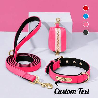 Bộ dây dắt và túi đựng chất thải cho chó bằng nylon màu trơn, có thể khắc tên, dùng cho thú cưng ngoài trời.